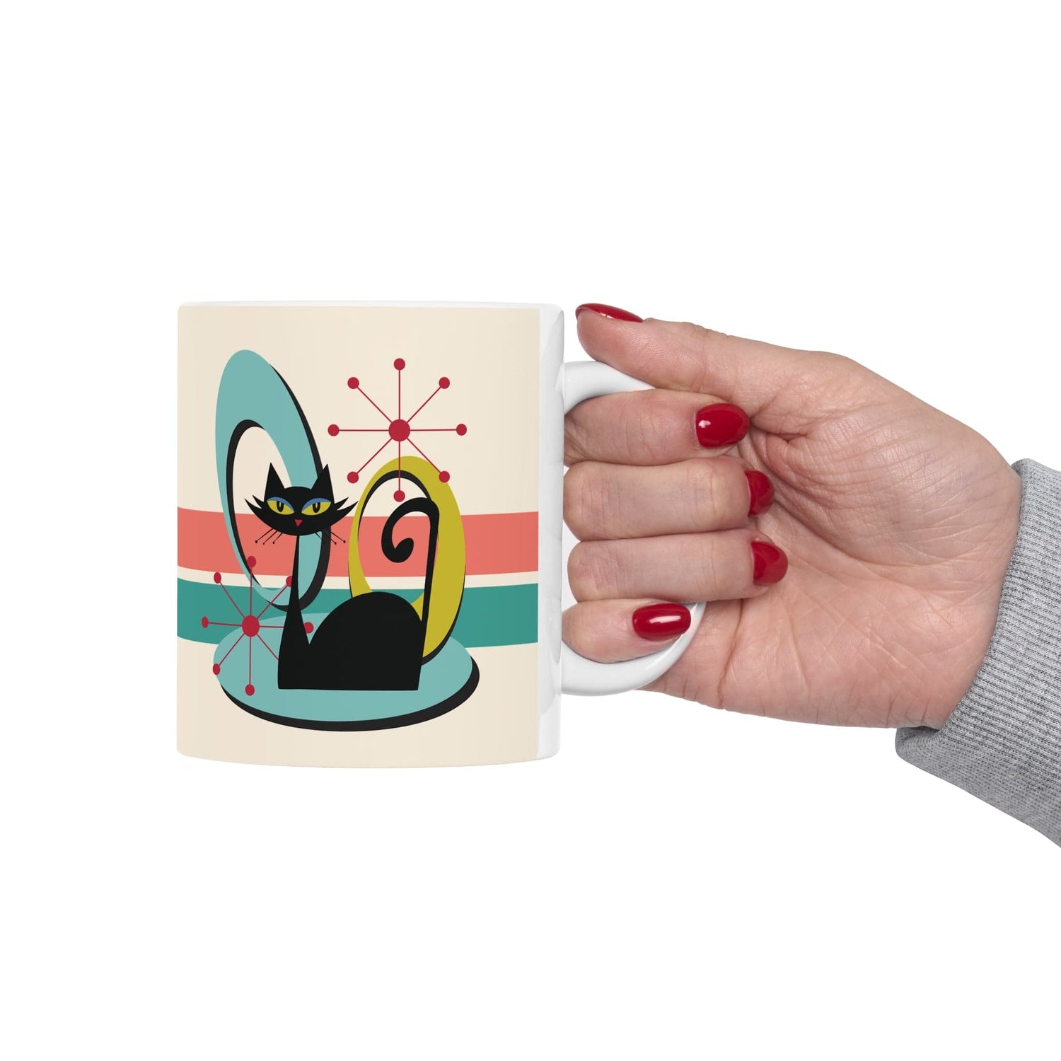 Kate McEnroe New York Mid Century Modern Atomic Cat Mug, Retro Teal, Coral Coffee Cup, MCM KitchenwareMugs11295856072710522431