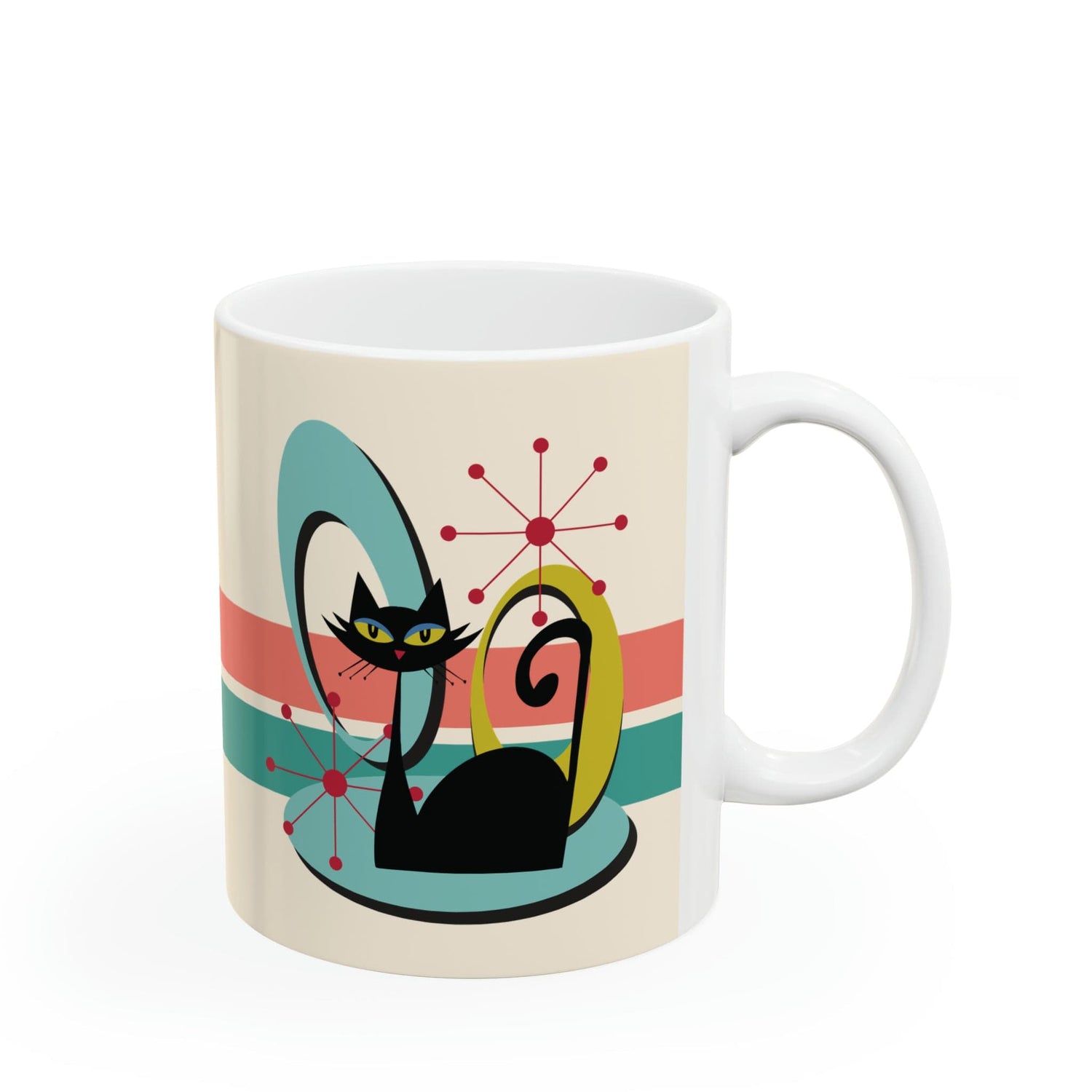 Kate McEnroe New York Mid Century Modern Atomic Cat Mug, Retro Teal, Coral Coffee Cup, MCM KitchenwareMugs11295856072710522431