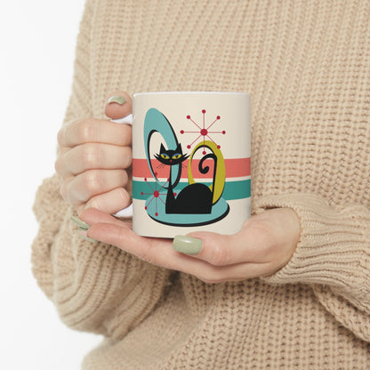 Kate McEnroe New York Mid Century Modern Atomic Cat Mug, Retro Teal, Coral Coffee Cup, MCM KitchenwareMugs11295856072710522431