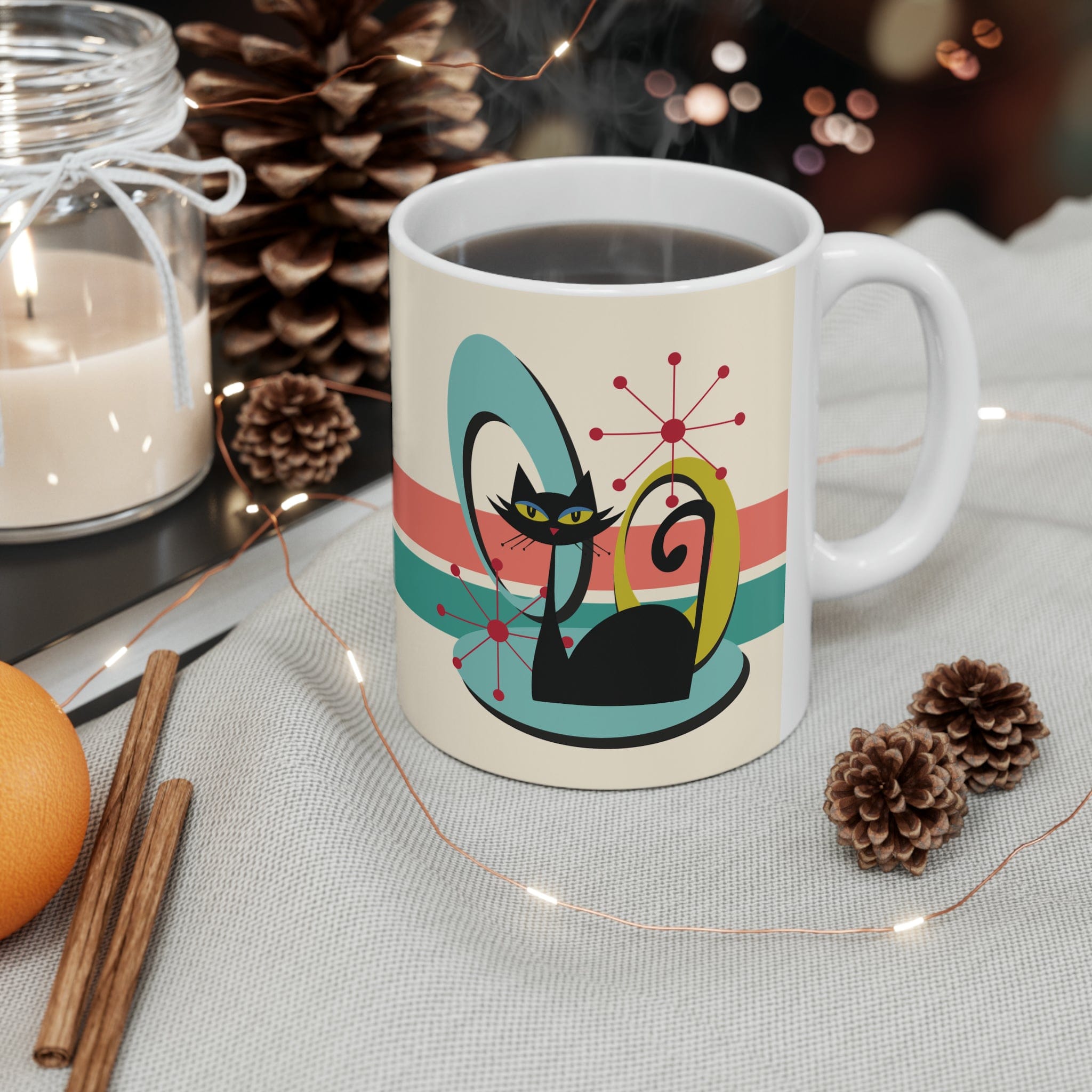 Kate McEnroe New York Mid Century Modern Atomic Cat Mug, Retro Teal, Coral Coffee Cup, MCM KitchenwareMugs11295856072710522431