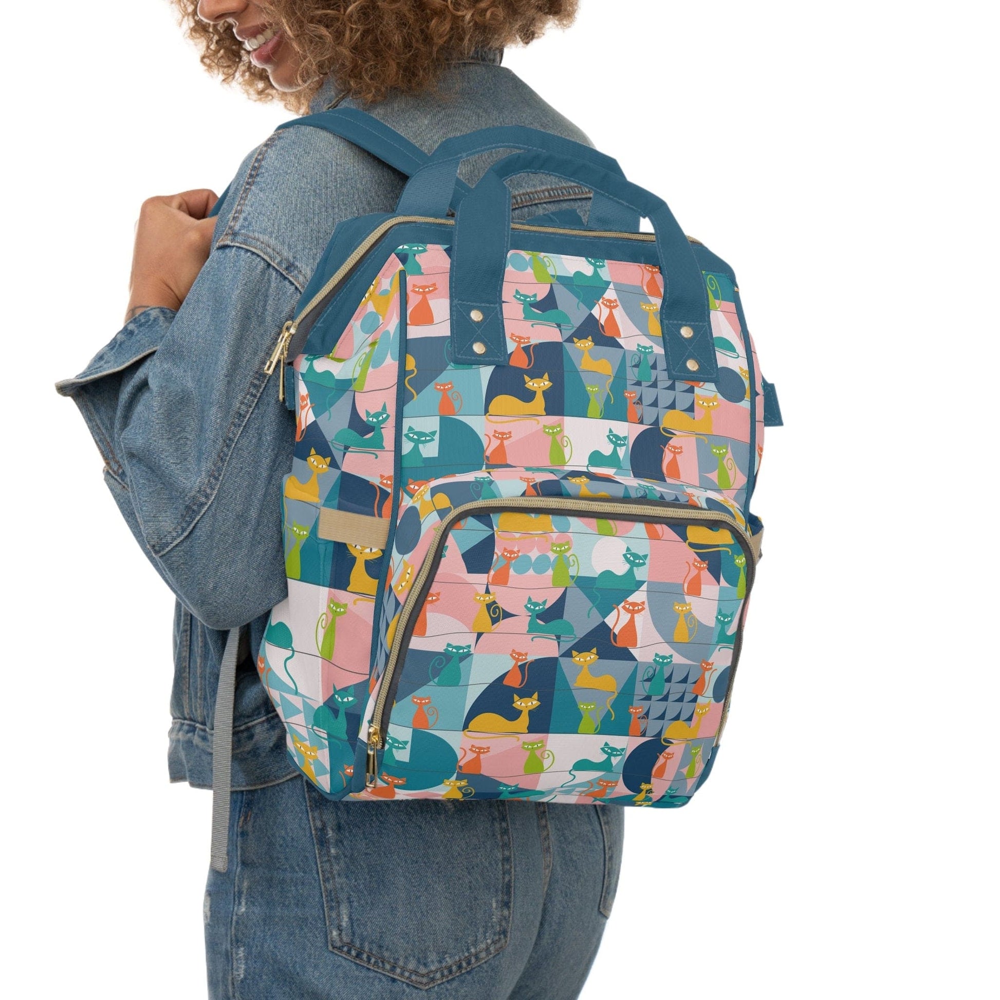 Kate McEnroe New York Mid Century Modern Atomic Cat Multifunctional Backpack, Diaper Bag, Weekender Bag, Carry-on Luggage Bag, Multipurpose Backpack Diaper Bags 13038058879203662263