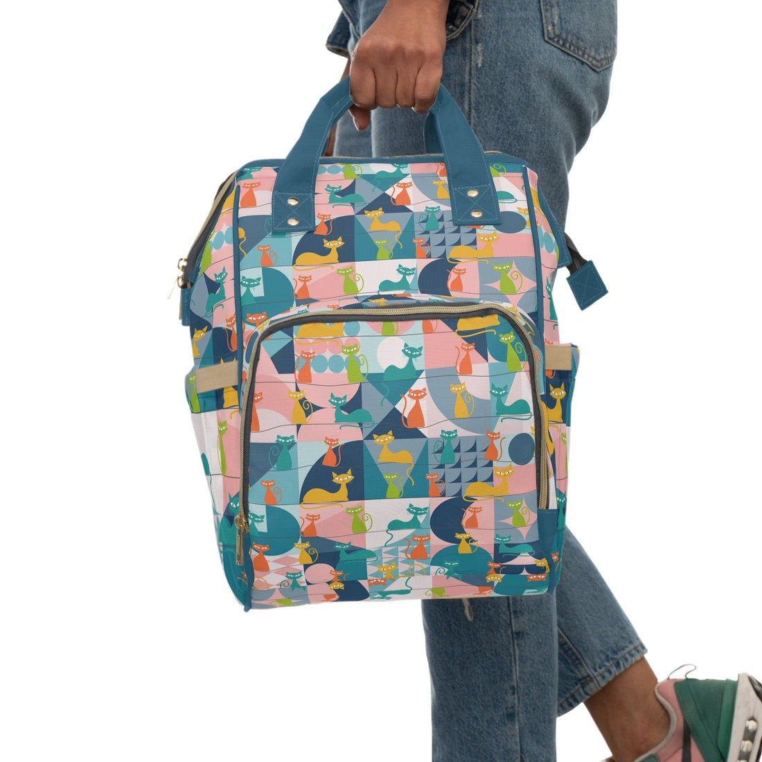 Kate McEnroe New York Mid Century Modern Atomic Cat Multifunctional Backpack, Diaper Bag, Weekender Bag, Carry - on Luggage Bag, Multipurpose BackpackDiaper Bags13038058879203662263