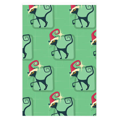 Printify Mid Century Modern Atomic Cat Retro Christmas Wrapping Paper, MCM Green Kitschy Black Cats Holiday Gift Wrap Home Decor
