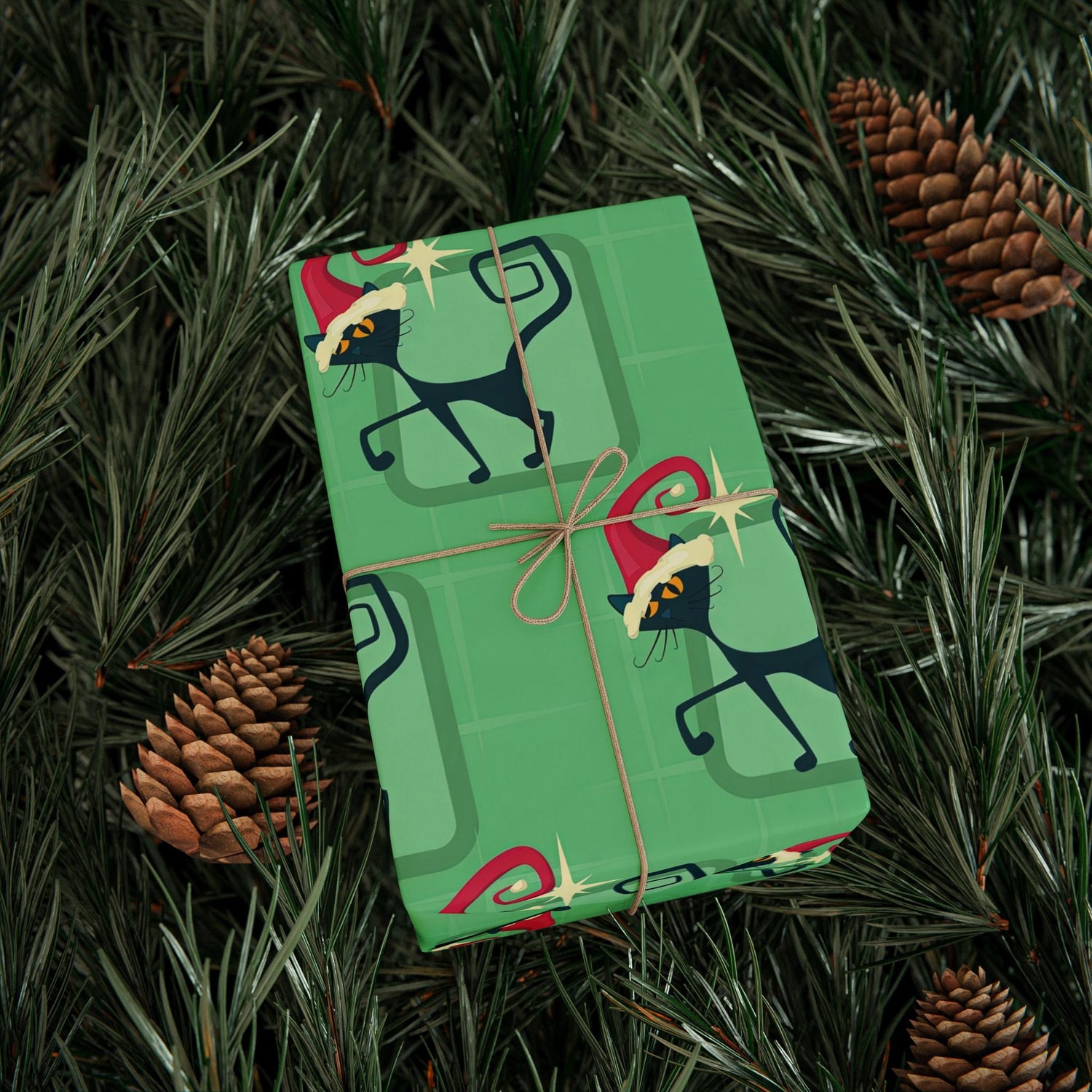 Kate McEnroe New York Mid Century Modern Atomic Cat Retro Christmas Wrapping Paper, MCM Green Kitschy Black Cats Holiday Gift WrapWrapping Paper14122498932882500231