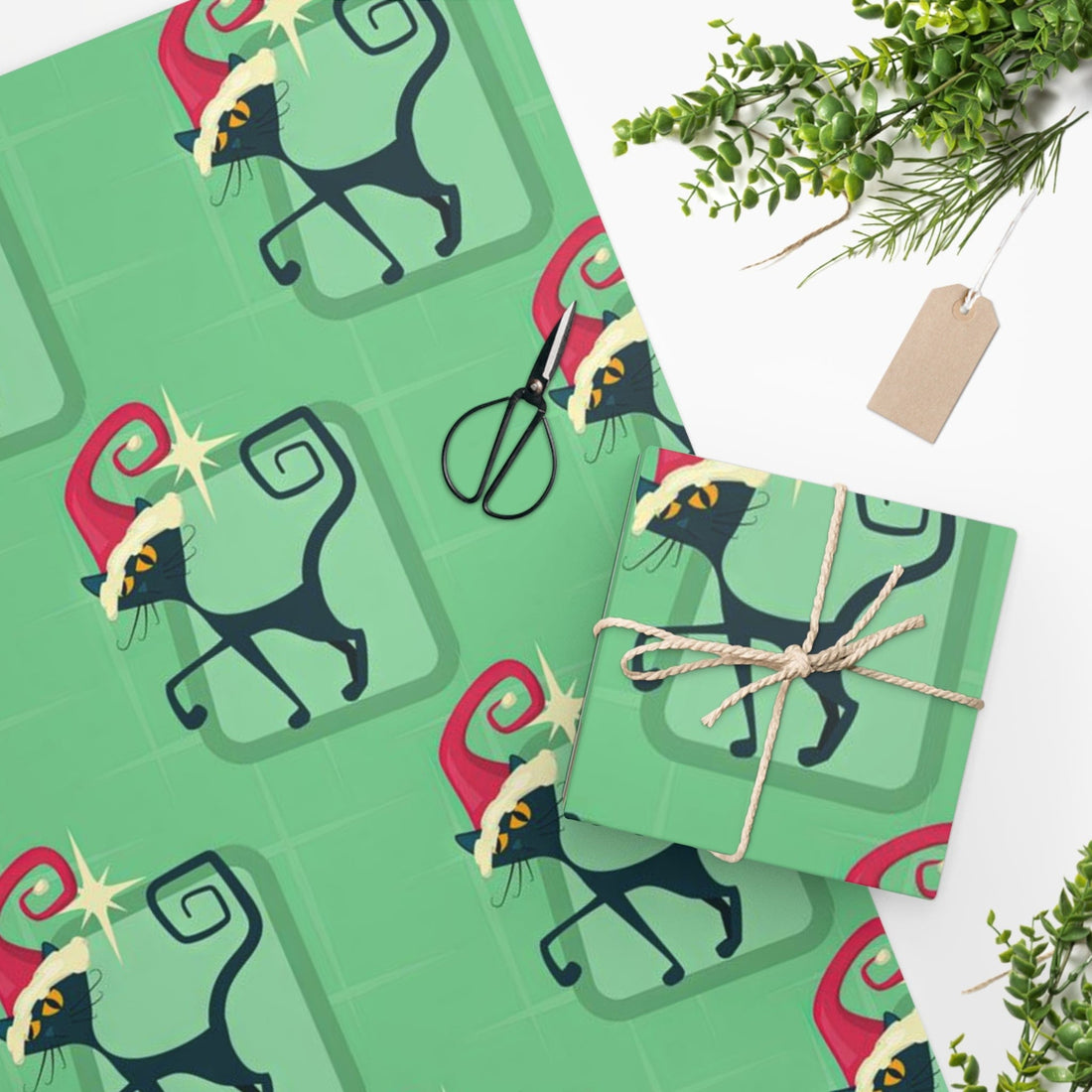 Kate McEnroe New York Mid Century Modern Atomic Cat Retro Christmas Wrapping Paper, MCM Green Kitschy Black Cats Holiday Gift WrapWrapping Paper22046511891249421990
