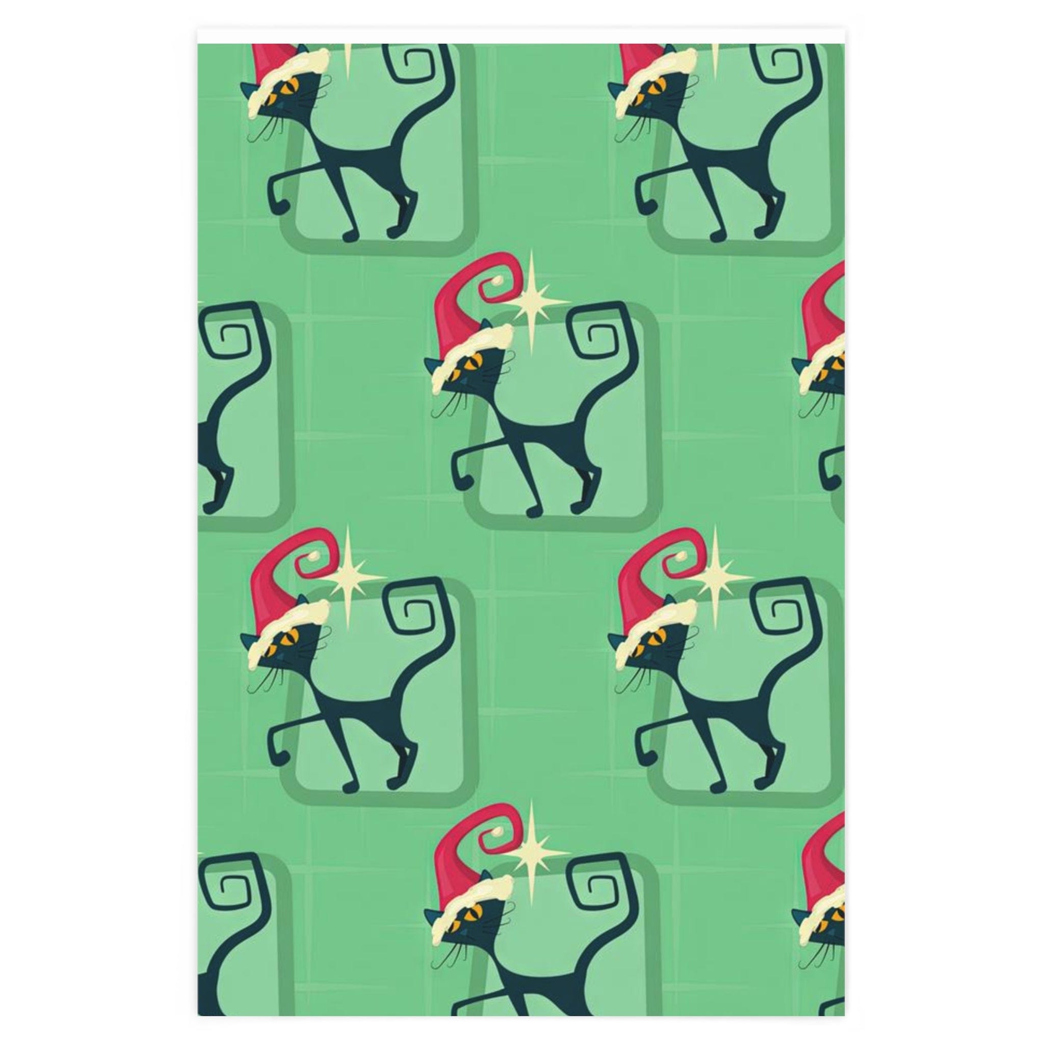 Kate McEnroe New York Mid Century Modern Atomic Cat Retro Christmas Wrapping Paper, MCM Green Kitschy Black Cats Holiday Gift WrapWrapping Paper22046511891249421990