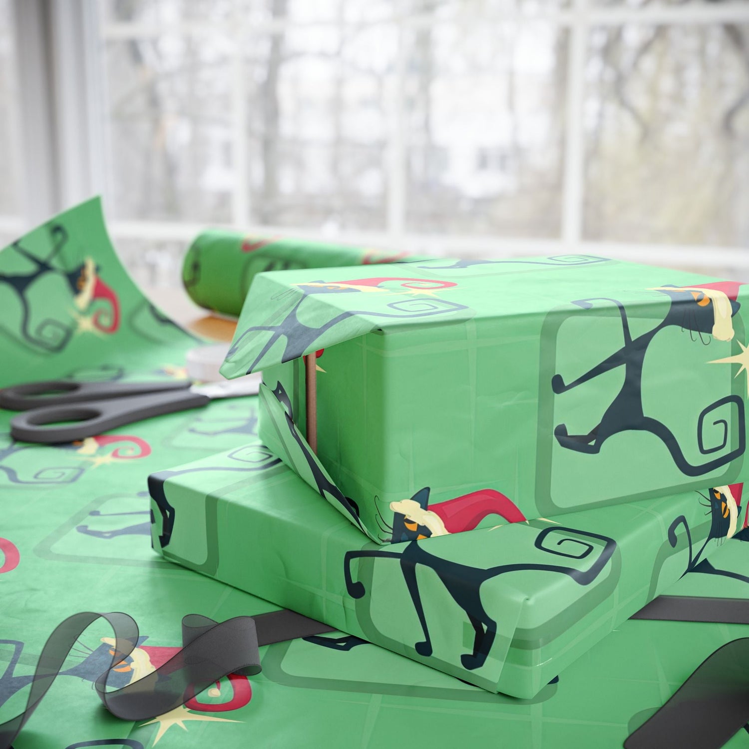 Kate McEnroe New York Mid Century Modern Atomic Cat Retro Christmas Wrapping Paper, MCM Green Kitschy Black Cats Holiday Gift WrapWrapping Paper41035100250921654502