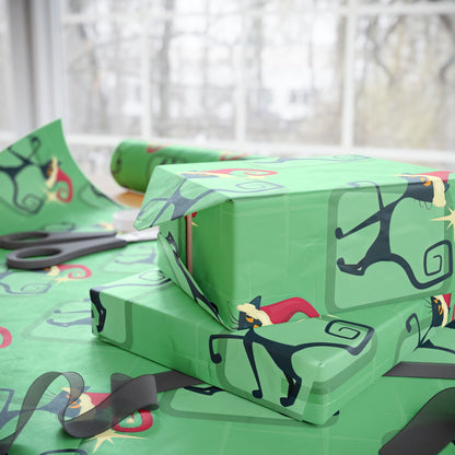 Kate McEnroe New York Mid Century Modern Atomic Cat Retro Christmas Wrapping Paper, MCM Green Kitschy Black Cats Holiday Gift WrapWrapping Paper41035100250921654502