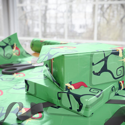 Kate McEnroe New York Mid Century Modern Atomic Cat Retro Christmas Wrapping Paper, MCM Green Kitschy Black Cats Holiday Gift WrapWrapping Paper41035100250921654502