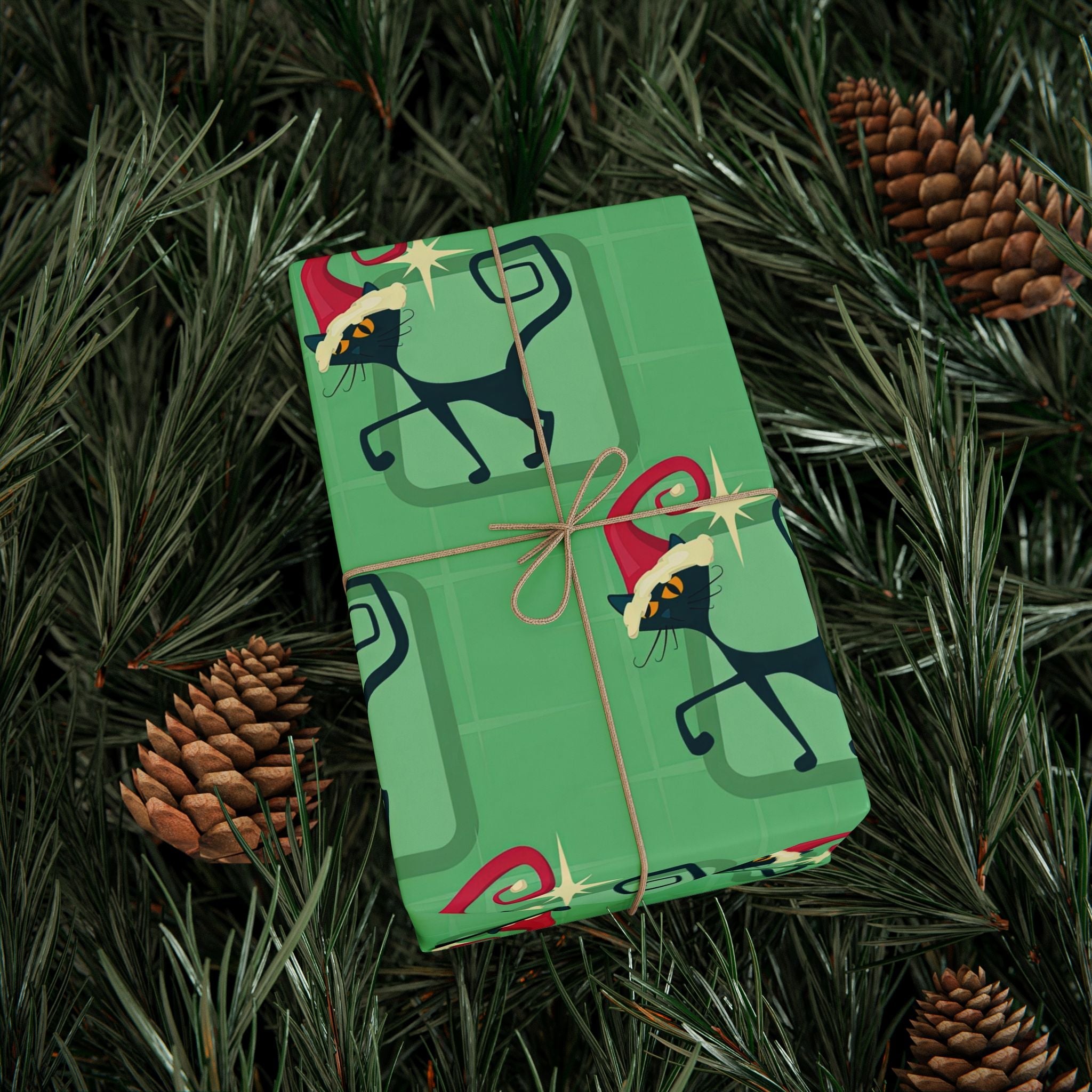 Kate McEnroe New York Mid Century Modern Atomic Cat Retro Christmas Wrapping Paper, MCM Green Kitschy Black Cats Holiday Gift WrapWrapping Paper41035100250921654502