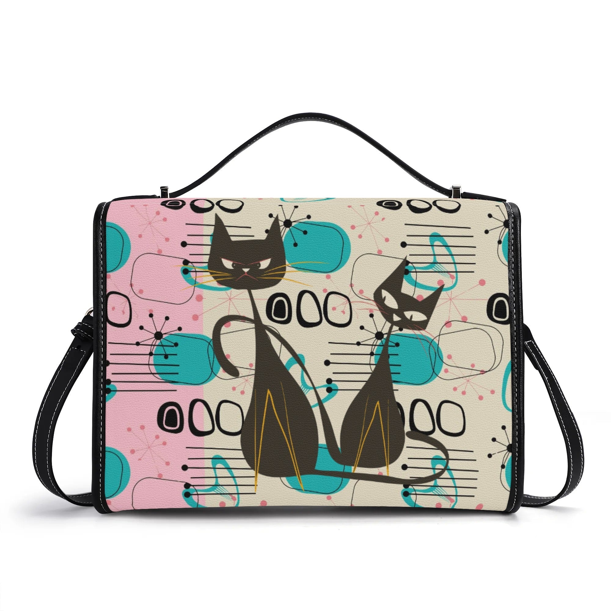 Kate McEnroe New York Mid Century Modern Atomic Cat Satchel, Retro Pink, Turquoise, and Black PU Leather HandbagHandbagsN953785Y - 1
