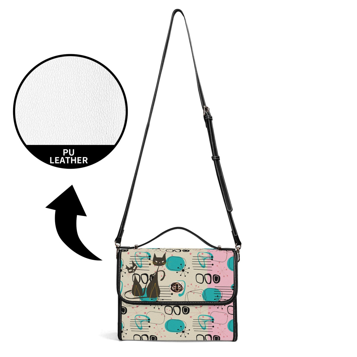 Kate McEnroe New York Mid Century Modern Atomic Cat Satchel, Retro Pink, Turquoise, and Black PU Leather HandbagHandbagsN953785Y - 1