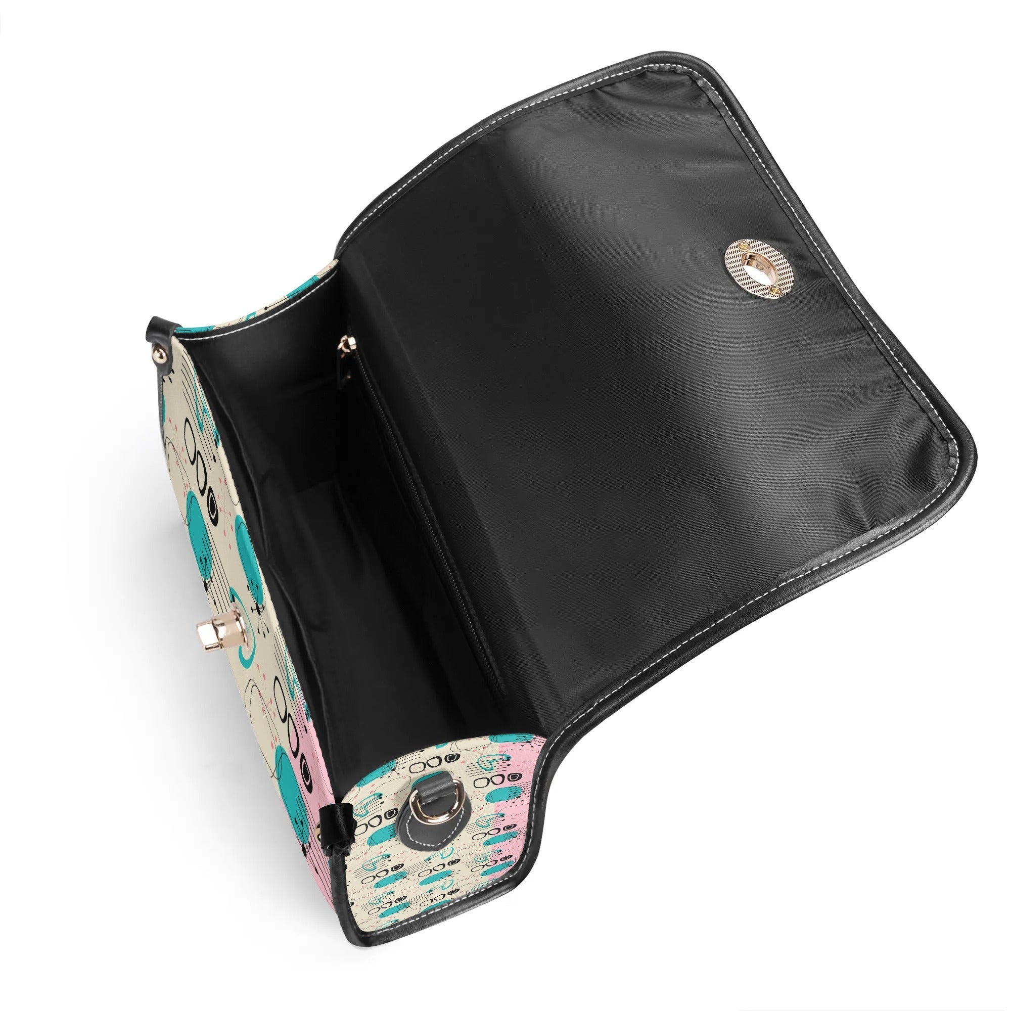 Kate McEnroe New York Mid Century Modern Atomic Cat Satchel, Retro Pink, Turquoise, and Black PU Leather HandbagHandbagsN953785Y - 1