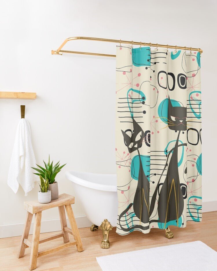 Kate McEnroe New York Mid Century Modern Atomic Cat Shower Curtain, Retro Boomerang Starbursts Pink, Turquoise, and Black Bath DecorShower Curtains18110243713944980823