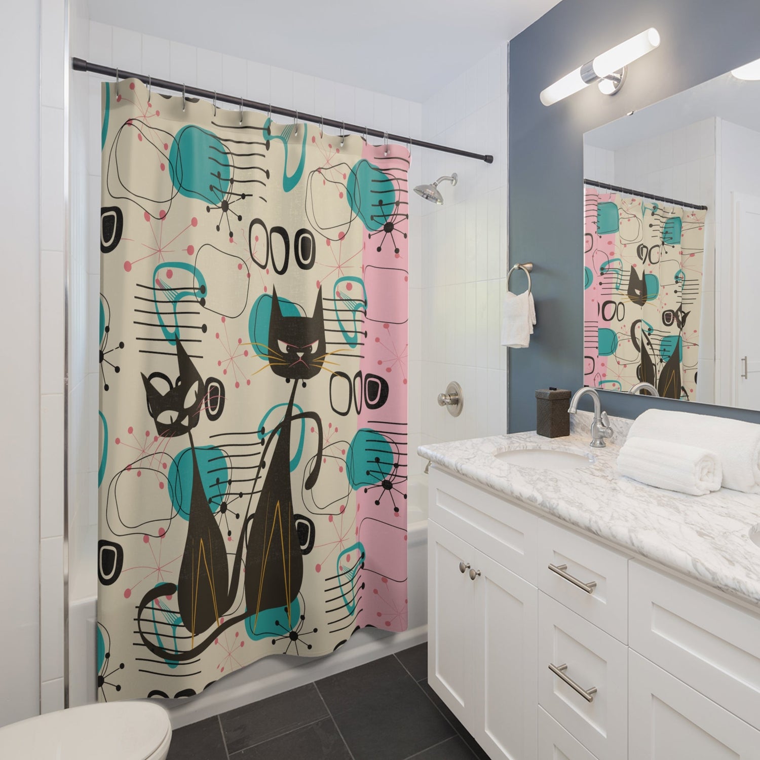 Kate McEnroe New York Mid Century Modern Atomic Cat Shower Curtain, Retro Boomerang Starbursts Pink, Turquoise, and Black Bath DecorShower Curtains18110243713944980823