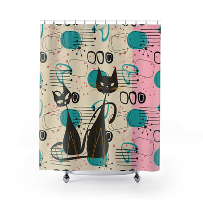 Kate McEnroe New York Mid Century Modern Atomic Cat Shower Curtain, Retro Boomerang Starbursts Pink, Turquoise, and Black Bath DecorShower Curtains18110243713944980823