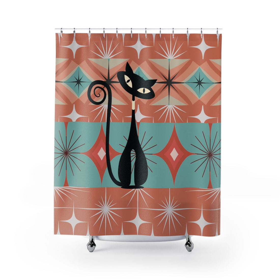 Kate McEnroe New York Mid Century Modern Atomic Cat Shower Curtain, Retro Teal and Orange 1950s Design, Vintage Style Bathroom Decor AccentShower Curtains33140009980400852966