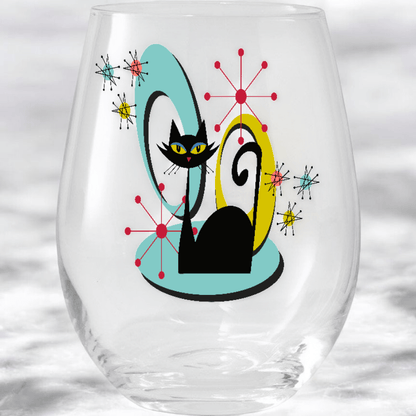 Kate McEnroe New York Mid Century Modern Atomic Cat Stemless Wine Glass, 11.75oz Retro Whimsical Sipware, MCM Kitschy DrinkwareWine Glasses21338189572524477717