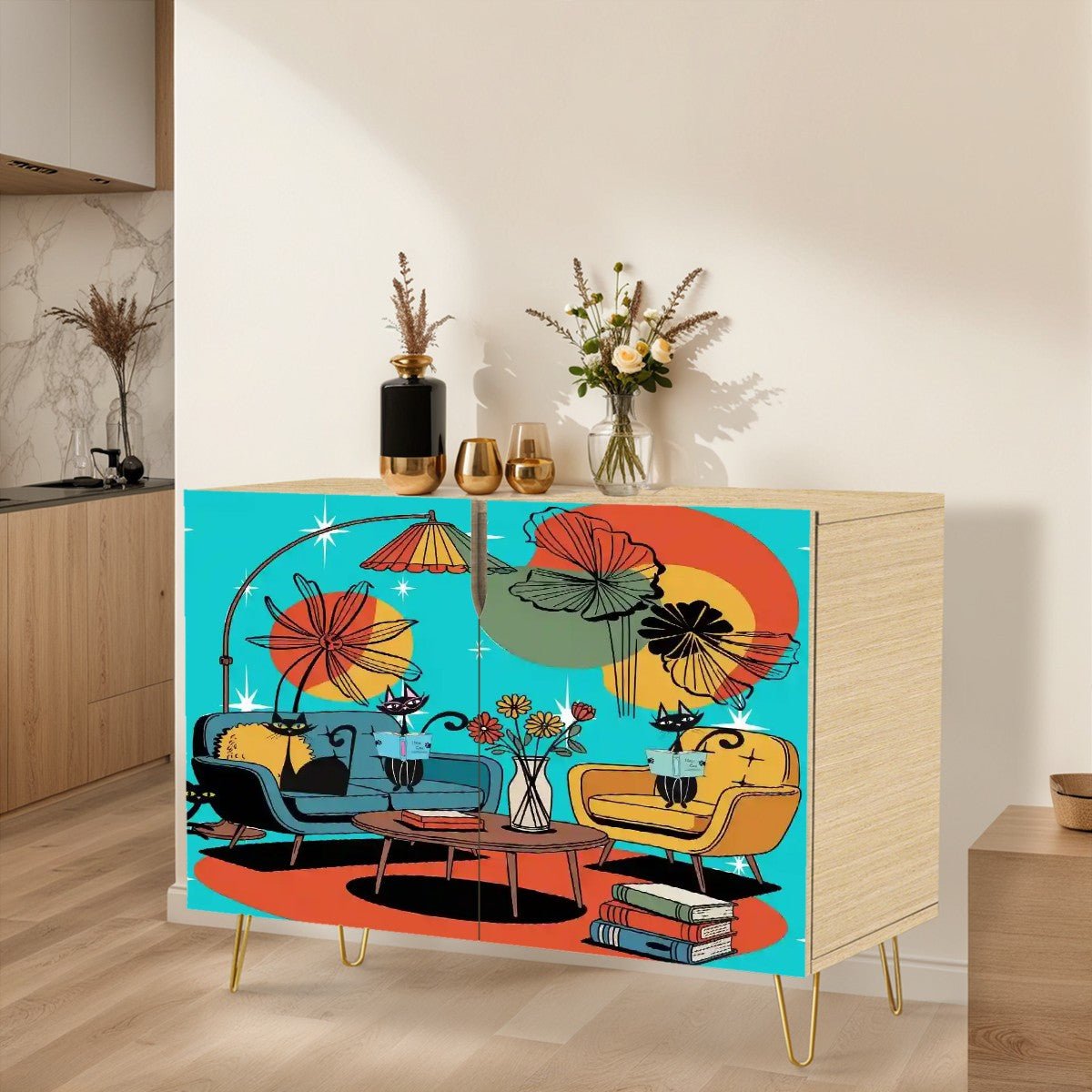 Kate McEnroe New York Mid Century Modern Atomic Cat Storage Cabinet, Retro Starburst Book Lounge Scene, 50s Kitsch Accent FurnitureStorage CabinetsDWHAv0ZjY1