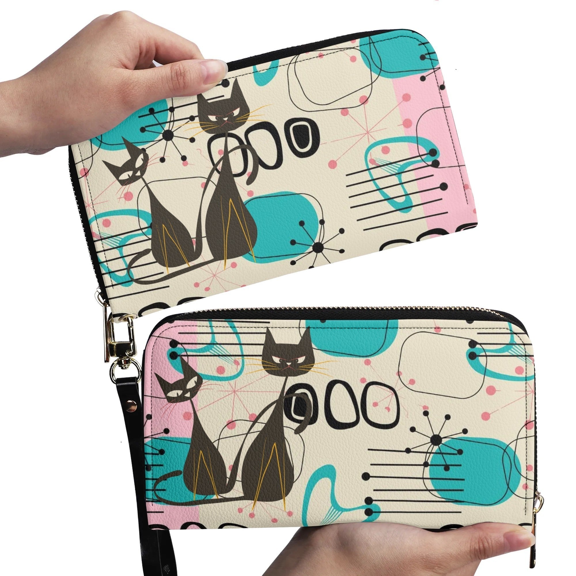 Kate McEnroe New York Mid Century Modern Atomic Cat Wallet, Retro Pink, Turquoise, and Black Leather AccessoryWalletsW06LEL3W - 1