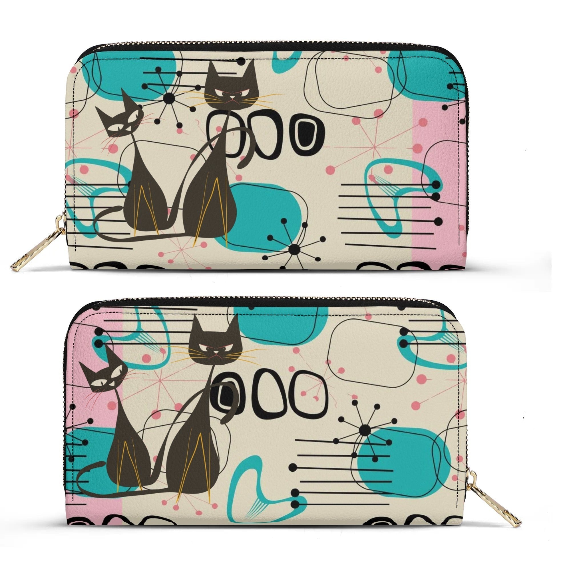 Kate McEnroe New York Mid Century Modern Atomic Cat Wallet, Retro Pink, Turquoise, and Black Leather AccessoryWalletsW06LEL3W - 1