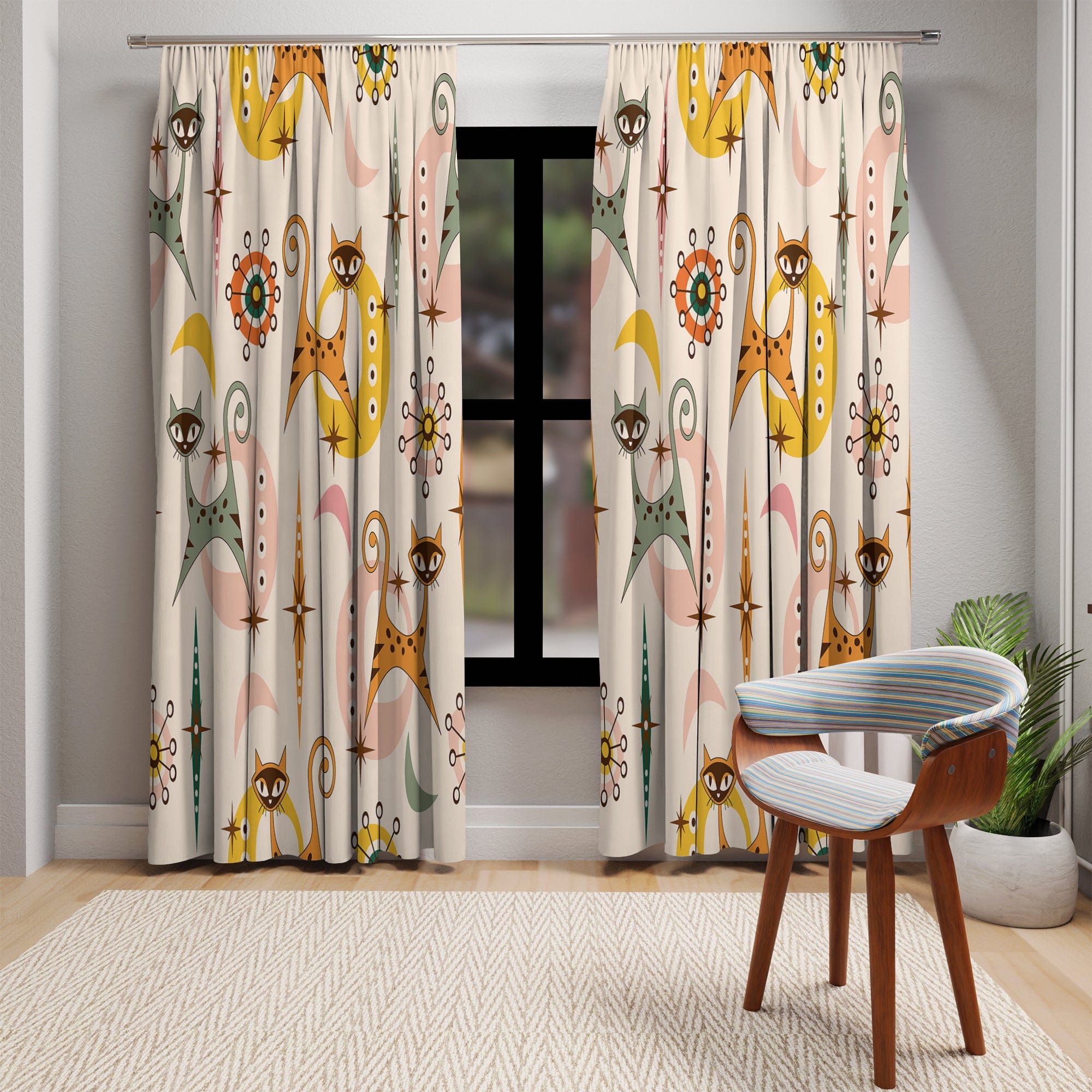 Kate McEnroe New York Mid Century Modern Atomic Cat Window Curtain, Retro Kitty Design, Vintage 50s Vibe, Groovy Drapery Panel, Atomic Age Whimsical Decor Window Curtains Blackout / 50&quot; × 84&quot; 77652924177098642847