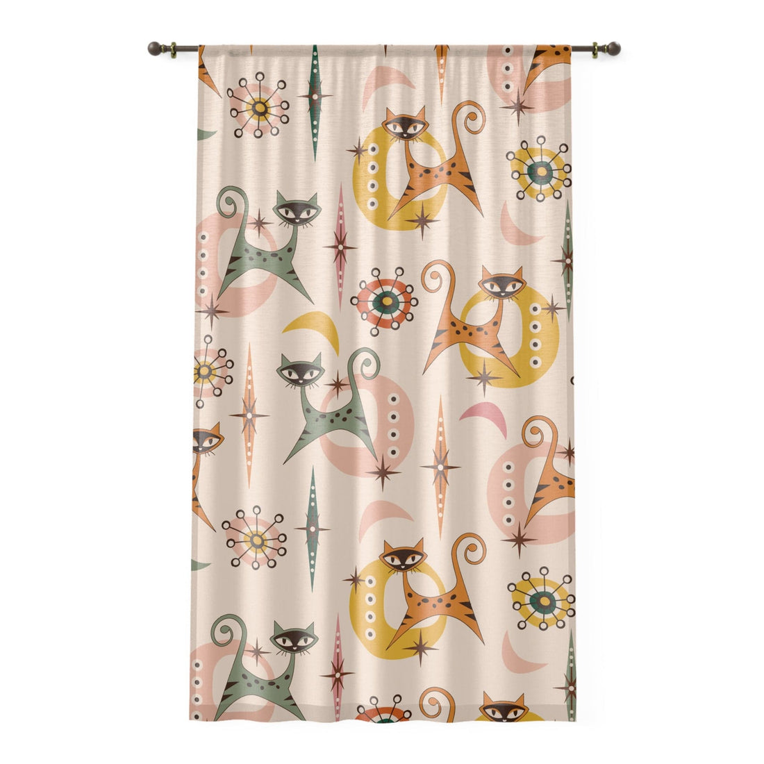 Printify Mid Century Modern Atomic Cat Window Curtain, Retro Kitty Design, Vintage 50s Vibe, Groovy Drapery Panel, Atomic Age Whimsical Decor Home Decor Sheer / White / 50&quot; × 84&quot; 22353217390251553540