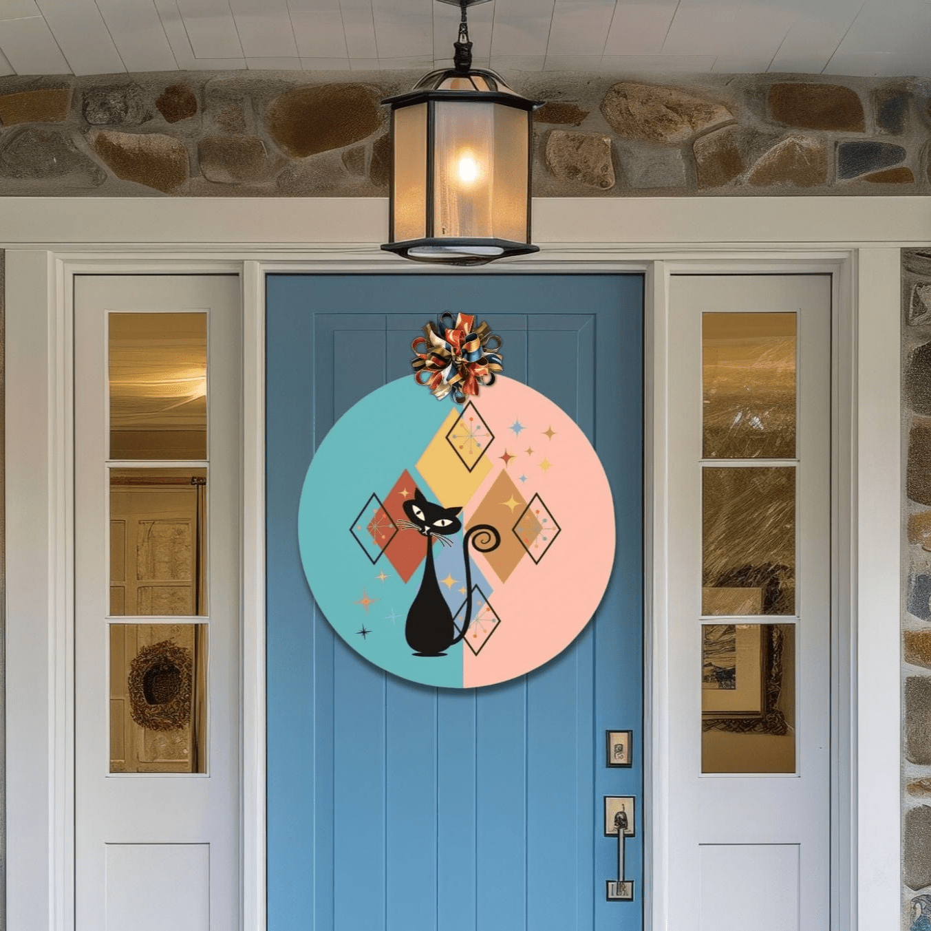 Kate McEnroe New York Mid Century Modern Atomic Cat Wood Sign, Retro Starburst Welcome Plaque 12&quot; (Round)Front Door SignsPMH58 - 12.2460826