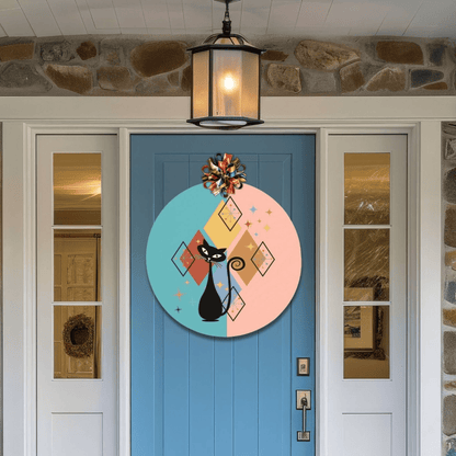 Kate McEnroe New York Mid Century Modern Atomic Cat Wood Sign, Retro Starburst Welcome Plaque 12&quot; (Round)Front Door SignsPMH58 - 12.2460826