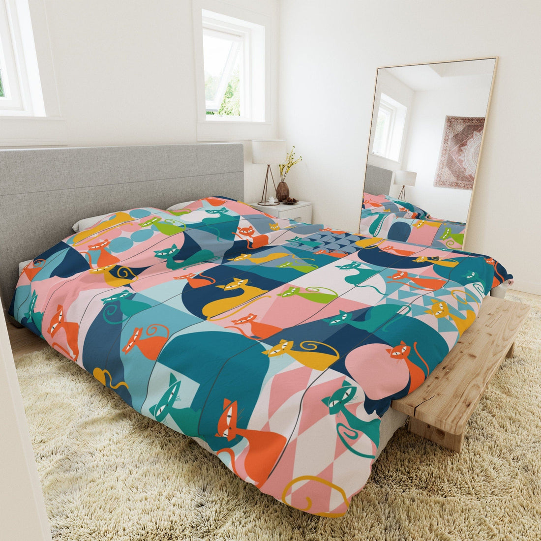 Kate McEnroe New York Mid Century Modern Atomic Cats Duvet Cover, Retro Kitsch Teal, Pink, Orange, Yellow Geometric Bedding, Queen, King, Twin, Twin XL SizesDuvet Covers50113044596668280108
