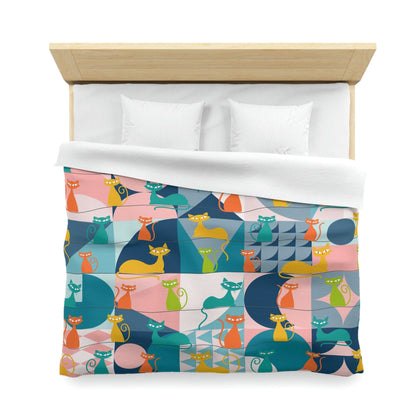 Kate McEnroe New York Mid Century Modern Atomic Cats Duvet Cover, Retro Kitsch Teal, Pink, Orange, Yellow Geometric Bedding, Queen, King, Twin, Twin XL SizesDuvet Covers50113044596668280108