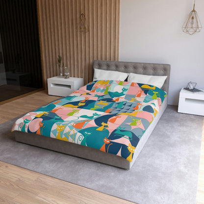 Kate McEnroe New York Mid Century Modern Atomic Cats Duvet Cover, Retro Kitsch Teal, Pink, Orange, Yellow Geometric Bedding, Queen, King, Twin, Twin XL SizesDuvet Covers50113044596668280108