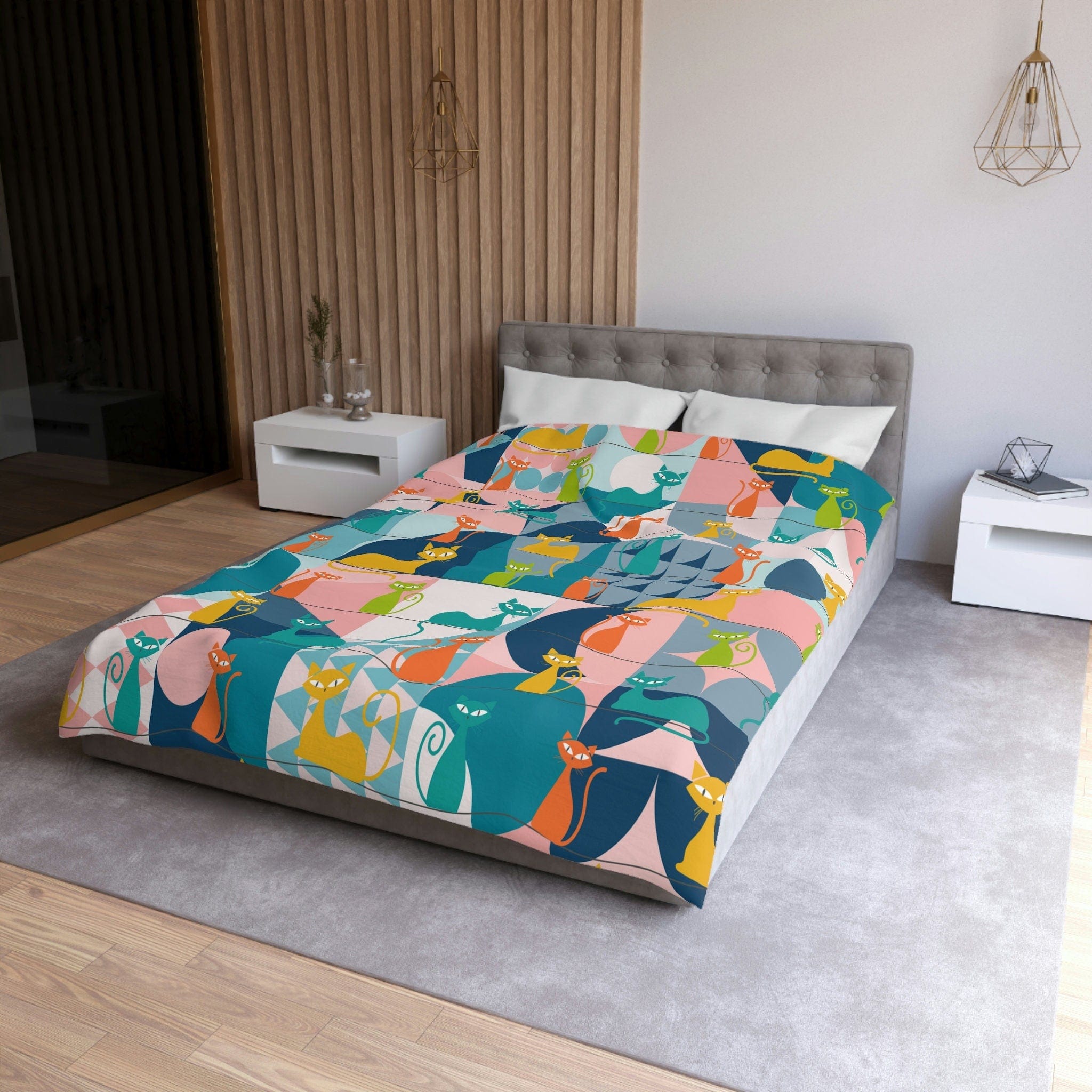 Kate McEnroe New York Mid Century Modern Atomic Cats Duvet Cover, Retro Kitsch Teal, Pink, Orange, Yellow Geometric Bedding, Queen, King, Twin, Twin XL SizesDuvet Covers50113044596668280108