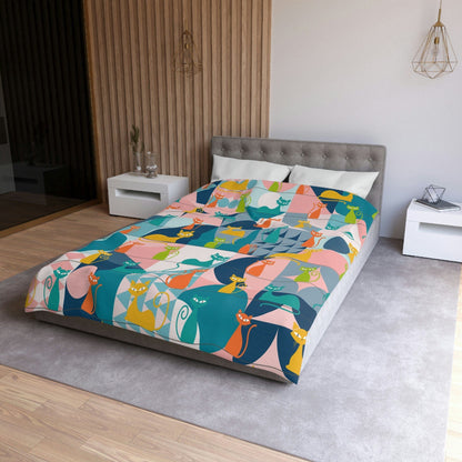 Kate McEnroe New York Mid Century Modern Atomic Cats Duvet Cover, Retro Kitsch Teal, Pink, Orange, Yellow Geometric Bedding, Queen, King, Twin, Twin XL SizesDuvet Covers50113044596668280108