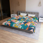 Kate McEnroe New York Mid Century Modern Atomic Cats Duvet Cover, Retro Kitsch Teal, Pink, Orange, Yellow Geometric Bedding, Queen, King, Twin, Twin XL SizesDuvet Covers50113044596668280108