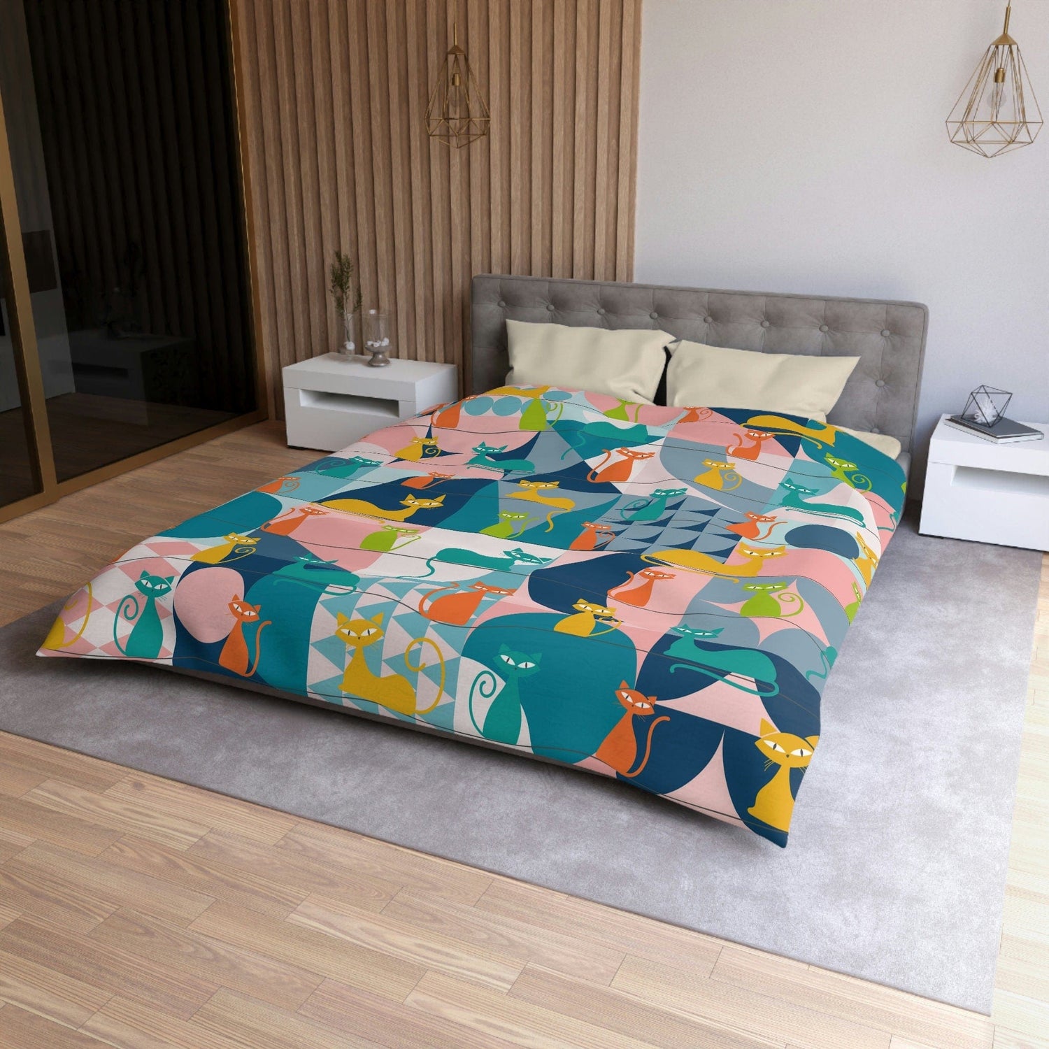 Kate McEnroe New York Mid Century Modern Atomic Cats Duvet Cover, Retro Kitsch Teal, Pink, Orange, Yellow Geometric Bedding, Queen, King, Twin, Twin XL SizesDuvet Covers50113044596668280108