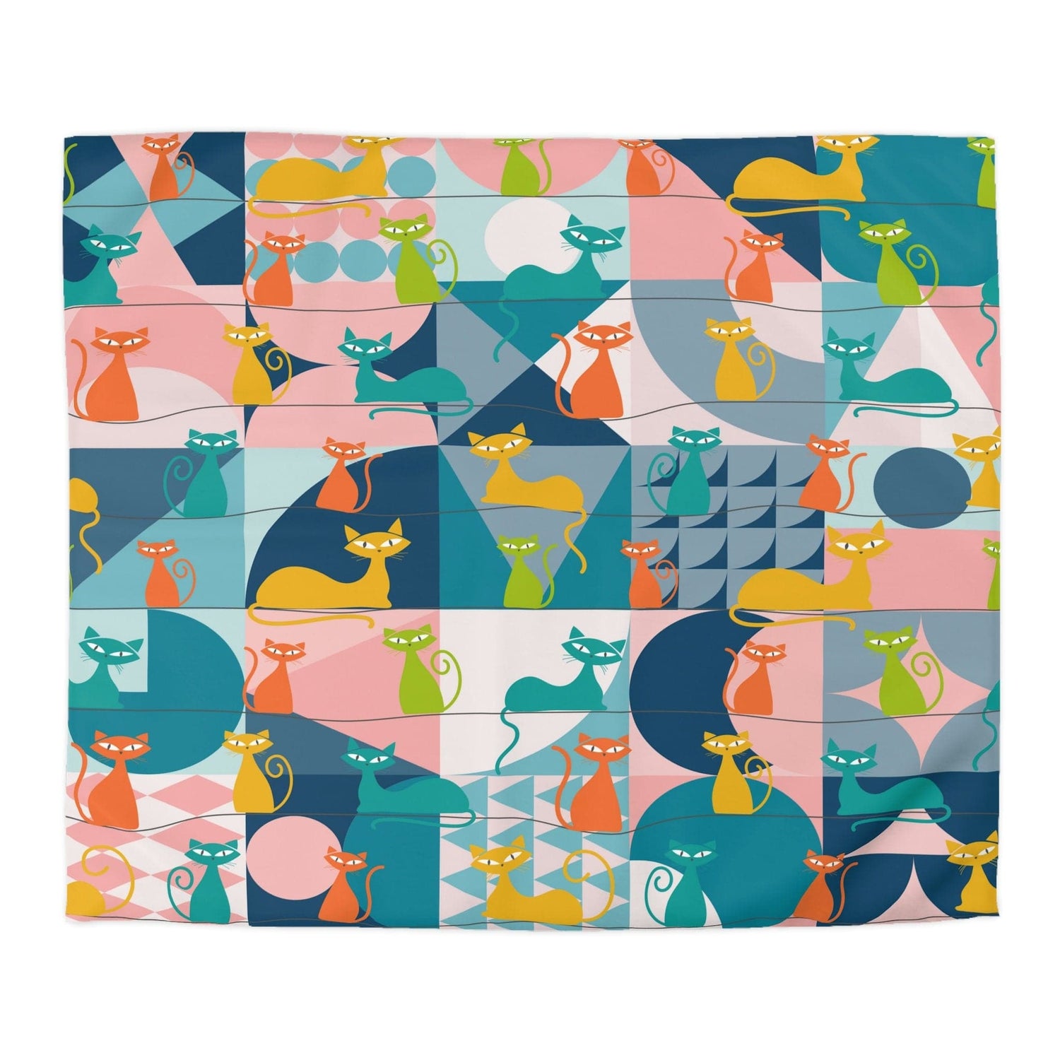 Kate McEnroe New York Mid Century Modern Atomic Cats Duvet Cover, Retro Kitsch Teal, Pink, Orange, Yellow Geometric Bedding, Queen, King, Twin, Twin XL SizesDuvet Covers50113044596668280108