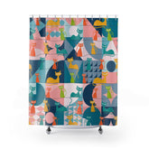 Kate McEnroe New York Mid Century Modern Atomic Cats Shower Curtain, Retro Kitsch Teal, Pink, Orange, Yellow Geometric Bath Curtains, MCM Bathroom DecorShower CurtainsS40 - GEO - KIT - 7X7