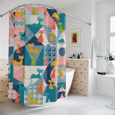 Kate McEnroe New York Mid Century Modern Atomic Cats Shower Curtain, Retro Kitsch Teal, Pink, Orange, Yellow Geometric Bath Curtains, MCM Bathroom DecorShower CurtainsS40 - GEO - KIT - 7X7