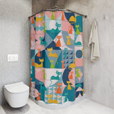 Kate McEnroe New York Mid Century Modern Atomic Cats Shower Curtain, Retro Kitsch Teal, Pink, Orange, Yellow Geometric Bath Curtains, MCM Bathroom DecorShower CurtainsS40 - GEO - KIT - 7X7