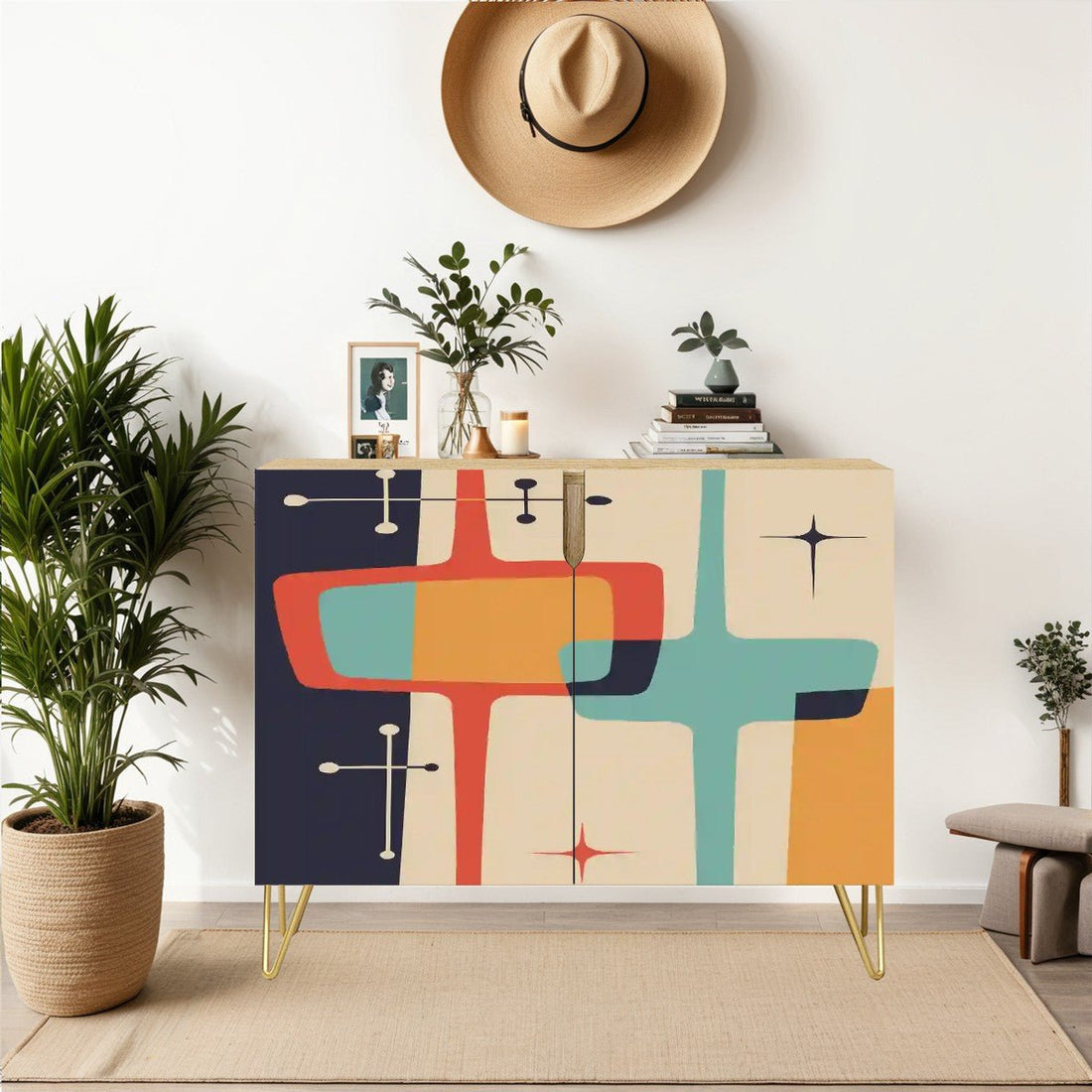 Kate McEnroe New York Mid Century Modern Atomic Credenza, Retro Geometric Starburst Storage Cabinet, 50s Abstract FurnitureStorage CabinetsvK9UlBUkfW