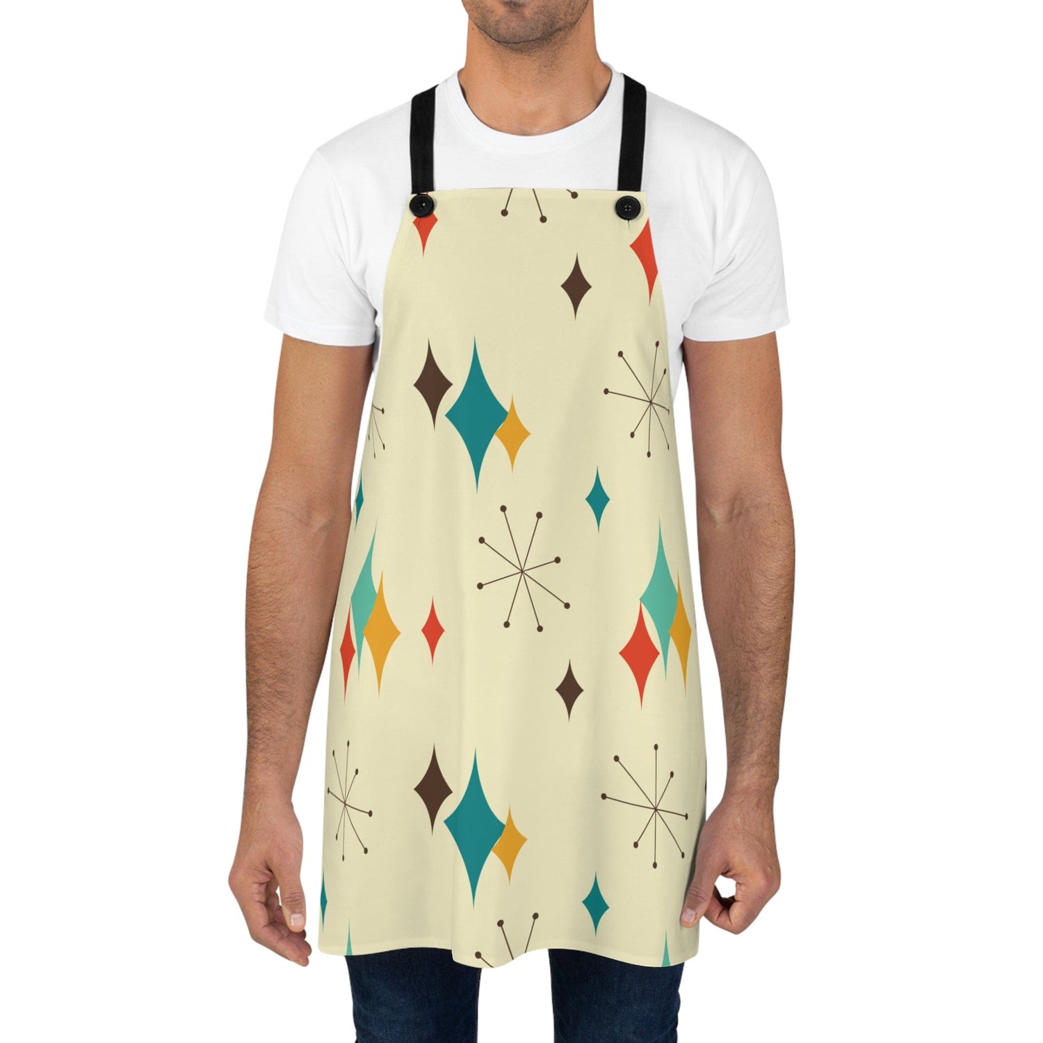 Kate McEnroe New York Mid Century Modern Atomic Diamond Starburst Apron, Retro Beige, Orange, Teal, Mustard Yellow Chef Apron, Mother&