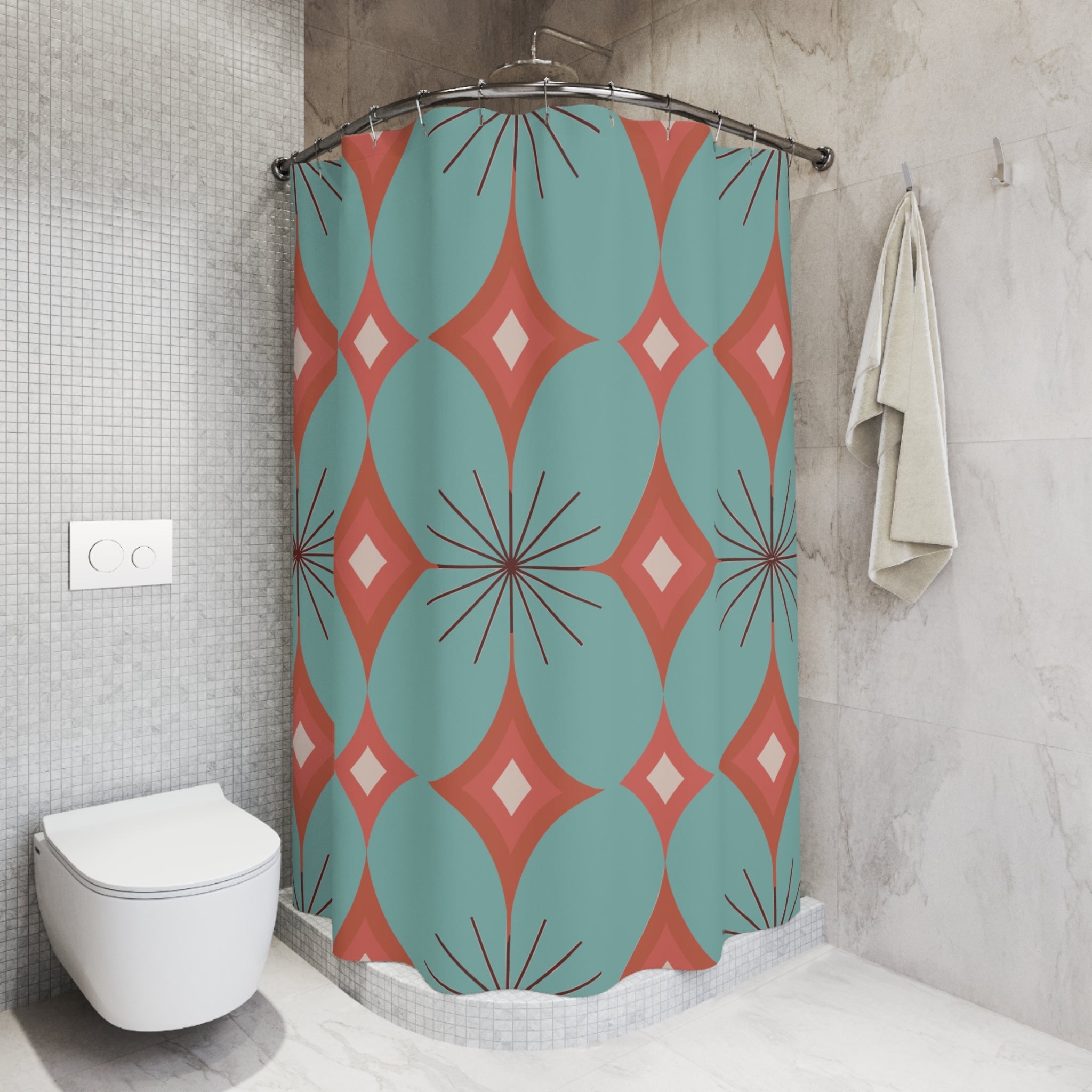 Kate McEnroe New York Mid Century Modern Atomic Diamond Starburst Shower Curtain, Retro Teal and Orange Bathroom AccentShower Curtains26976893294746754264