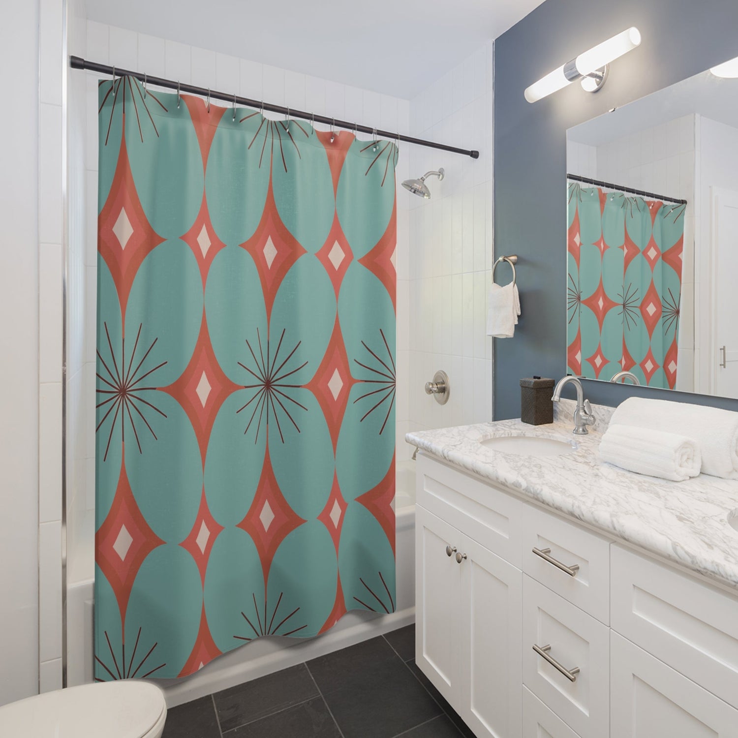 Kate McEnroe New York Mid Century Modern Atomic Diamond Starburst Shower Curtain, Retro Teal and Orange Bathroom AccentShower Curtains26976893294746754264