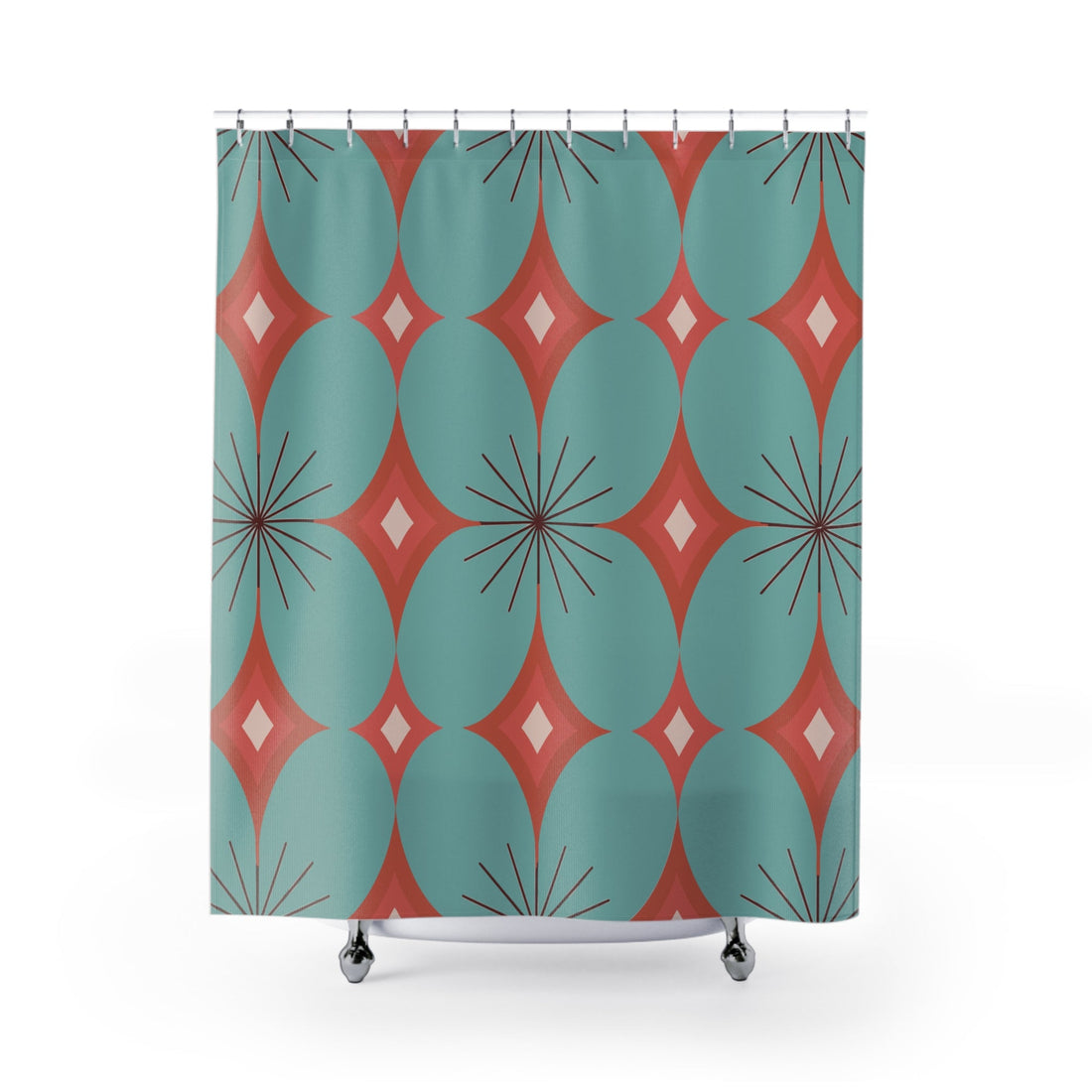 Kate McEnroe New York Mid Century Modern Atomic Diamond Starburst Shower Curtain, Retro Teal and Orange Bathroom AccentShower Curtains26976893294746754264