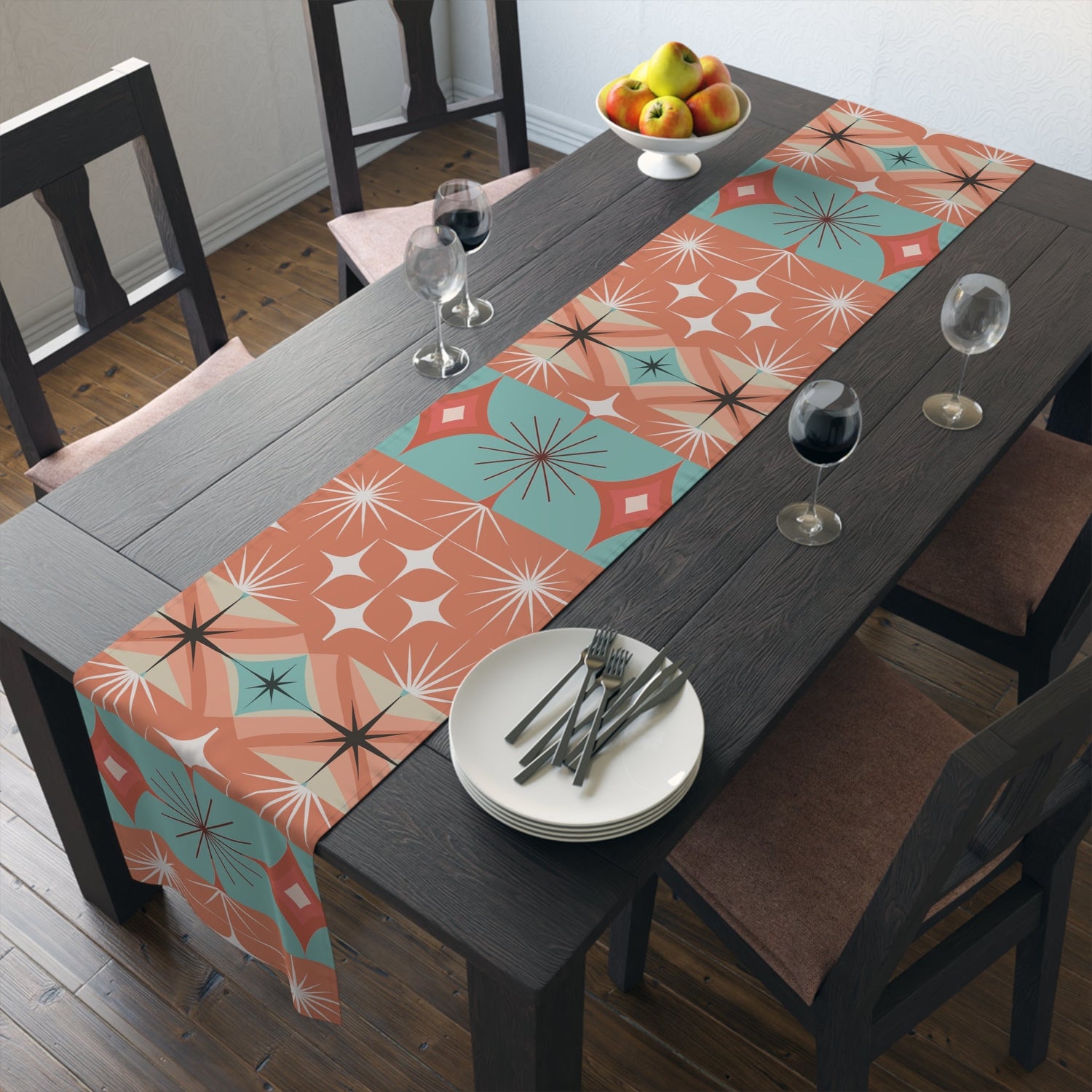 Kate McEnroe New York Mid Century Modern Atomic Diamond Starburst Table Runner, Retro Orange Teal Table LinensTable Runners31354796888313382689