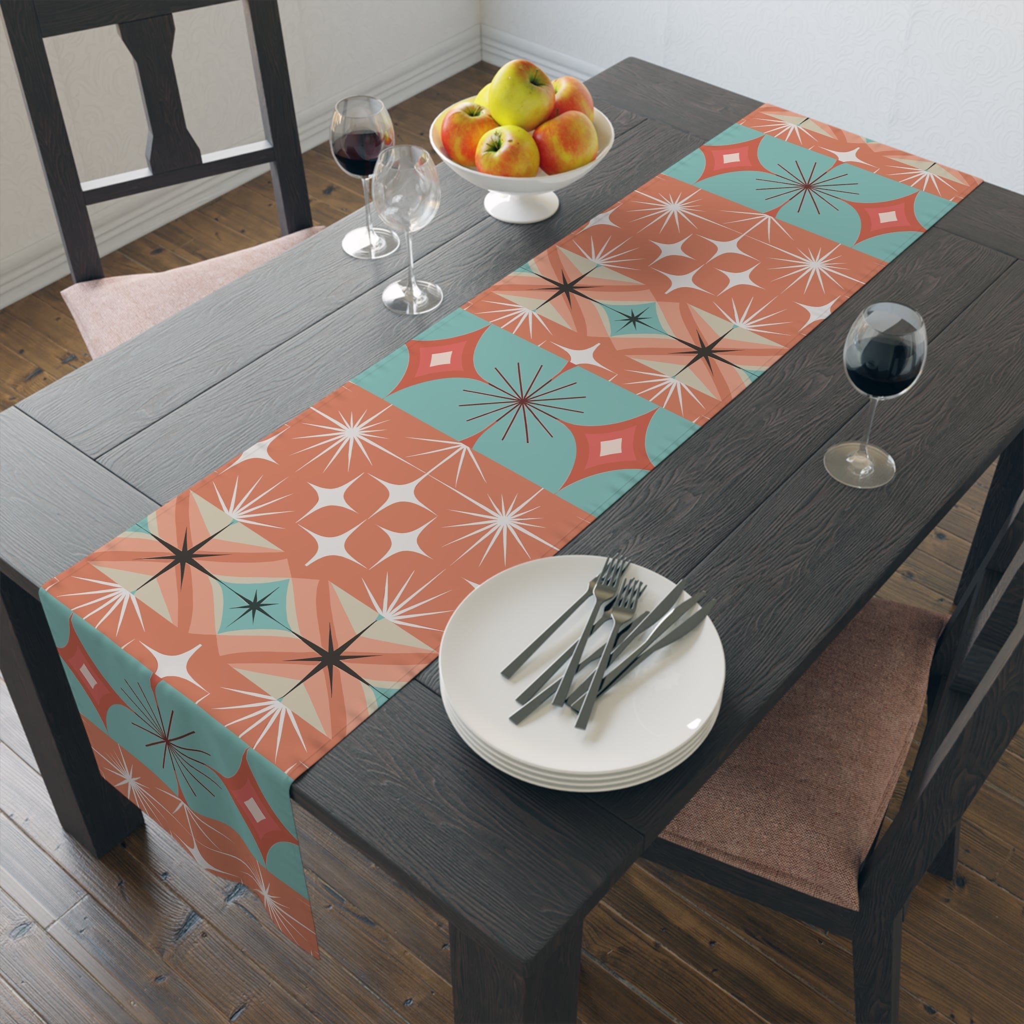 Kate McEnroe New York Mid Century Modern Atomic Diamond Starburst Table Runner, Retro Orange Teal Table LinensTable Runners33399986546055085978