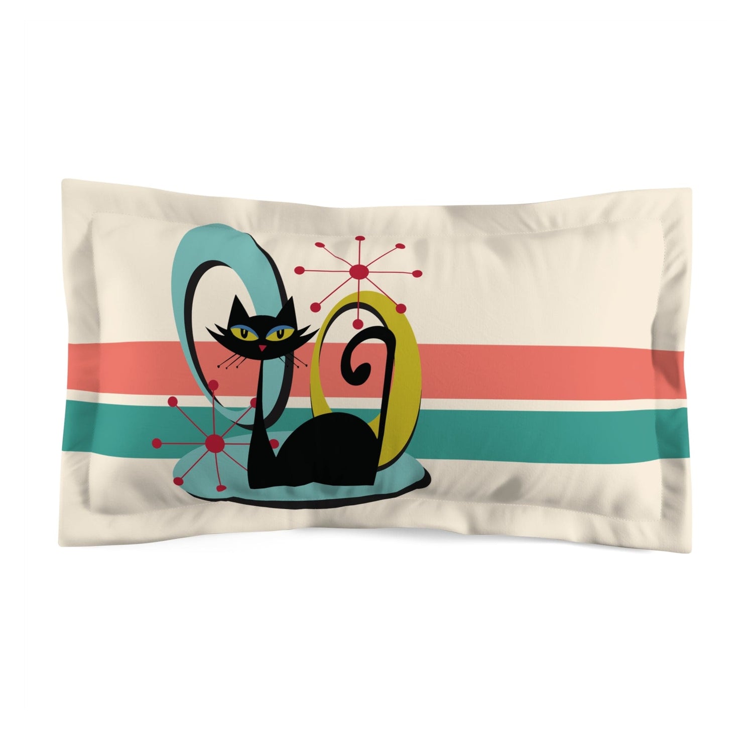 Kate McEnroe New York Mid Century Modern Atomic Kitschy Black Cat Pillow Sham, Retro Teal, Coral, Beige Bedding Pillow Cover, Fun MCM Bedroom DecorPillow Shams15845668396955171595