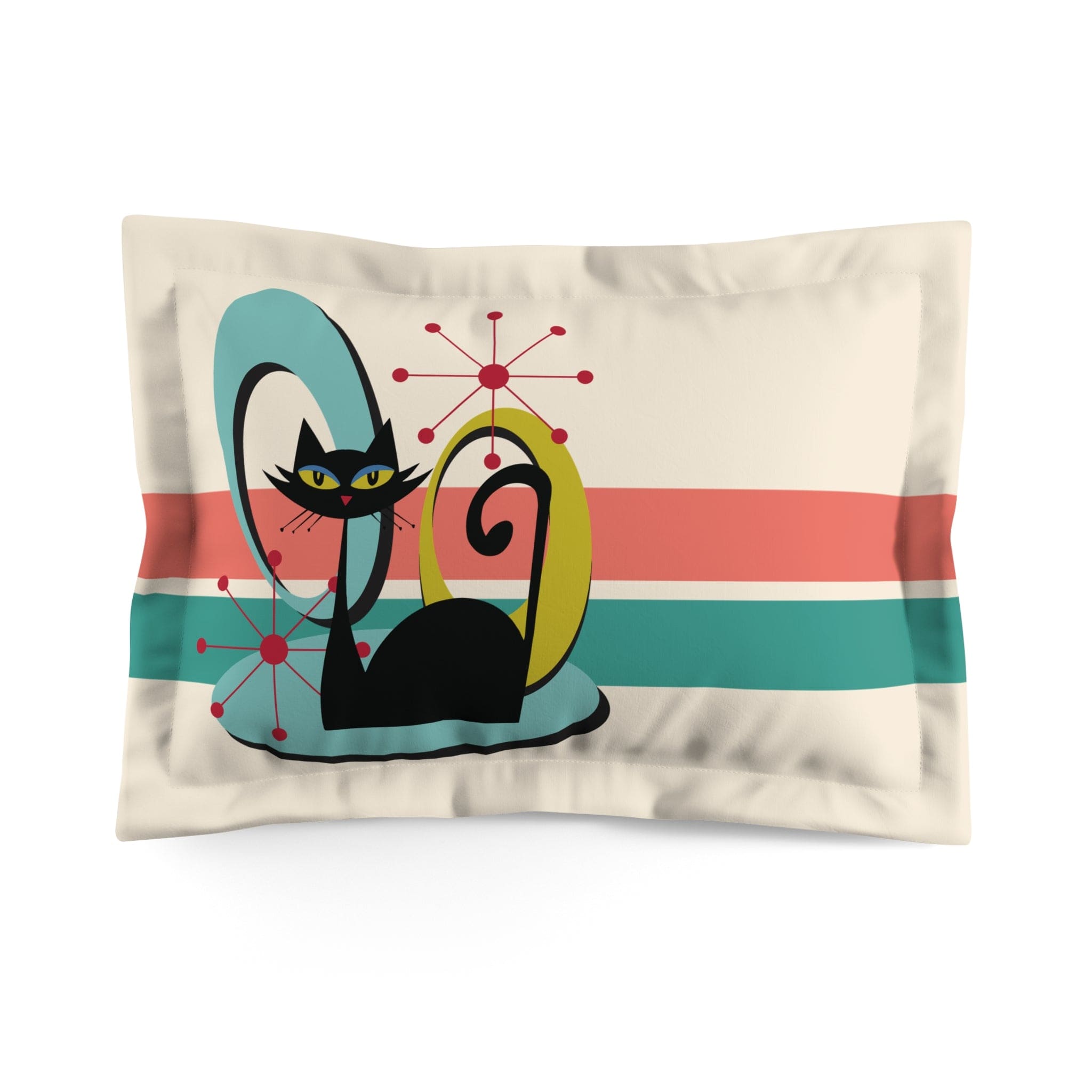 Kate McEnroe New York Mid Century Modern Atomic Kitschy Black Cat Pillow Sham, Retro Teal, Coral, Beige Bedding Pillow Cover, Fun MCM Bedroom DecorPillow Shams68833525287746266603