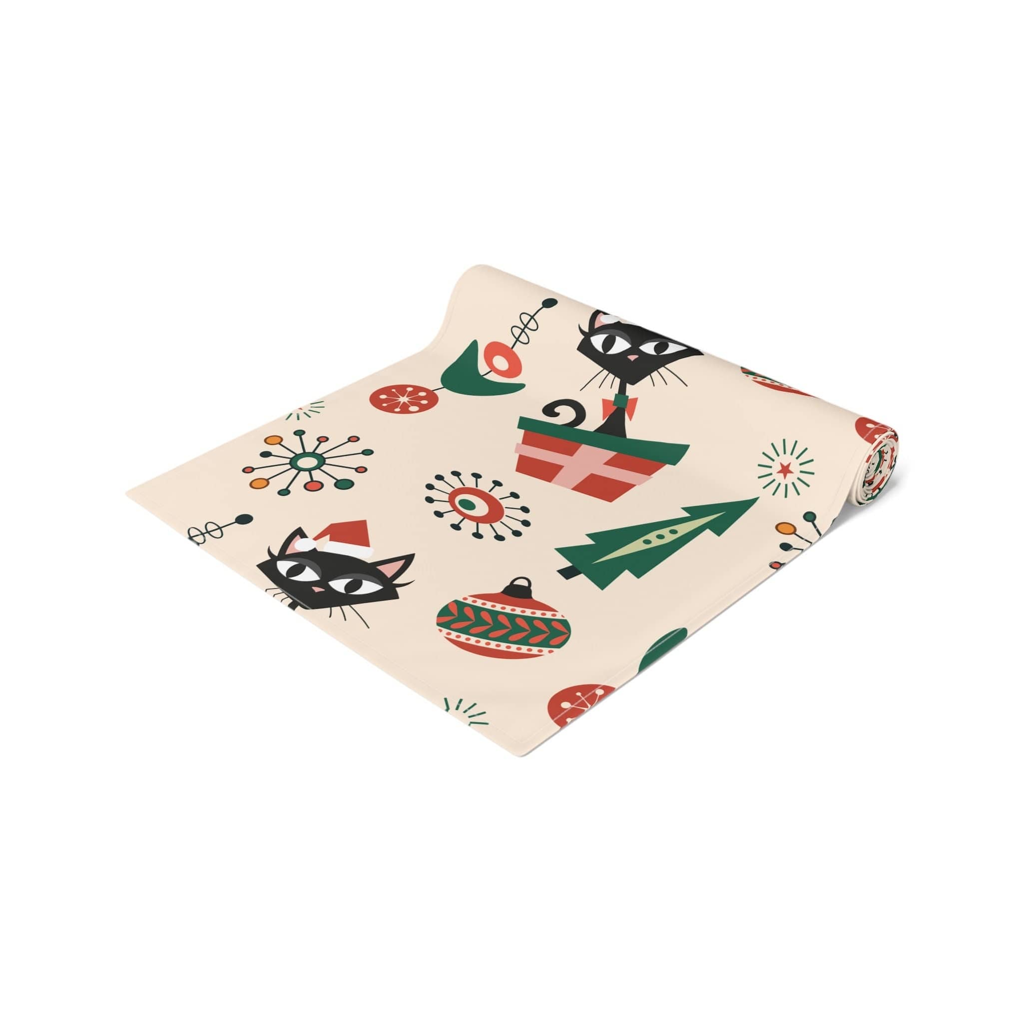 Kate McEnroe New York Mid Century Modern Atomic Kitschy Cat Christmas Table Runner, 50s Vintage Style Holiday DecorTable Runners11229806143697107890